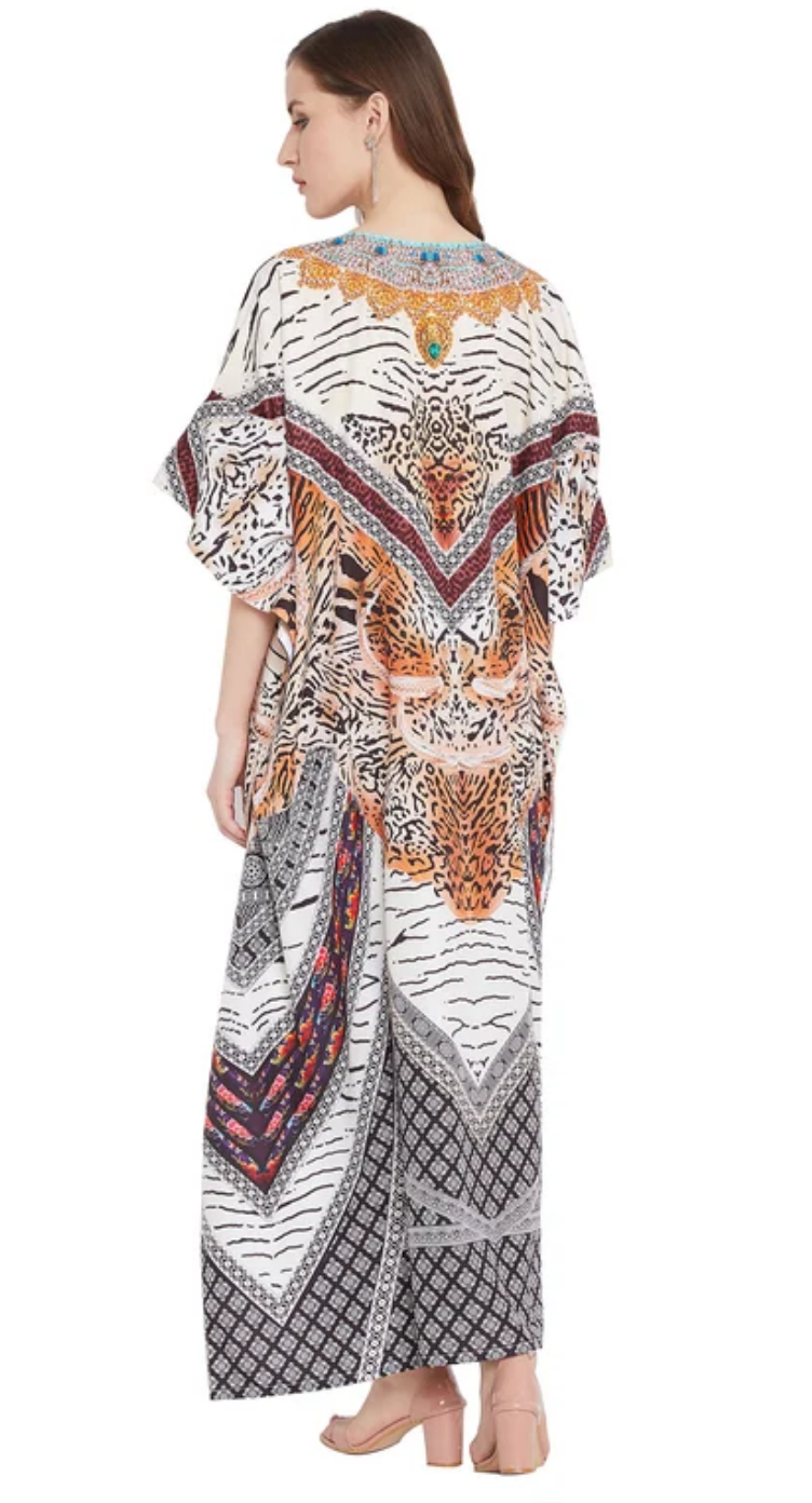 Multicolor Leopard Portrait Polyester Plus Size Kaftan Dress for Women 1X-3X | GypsieBlu