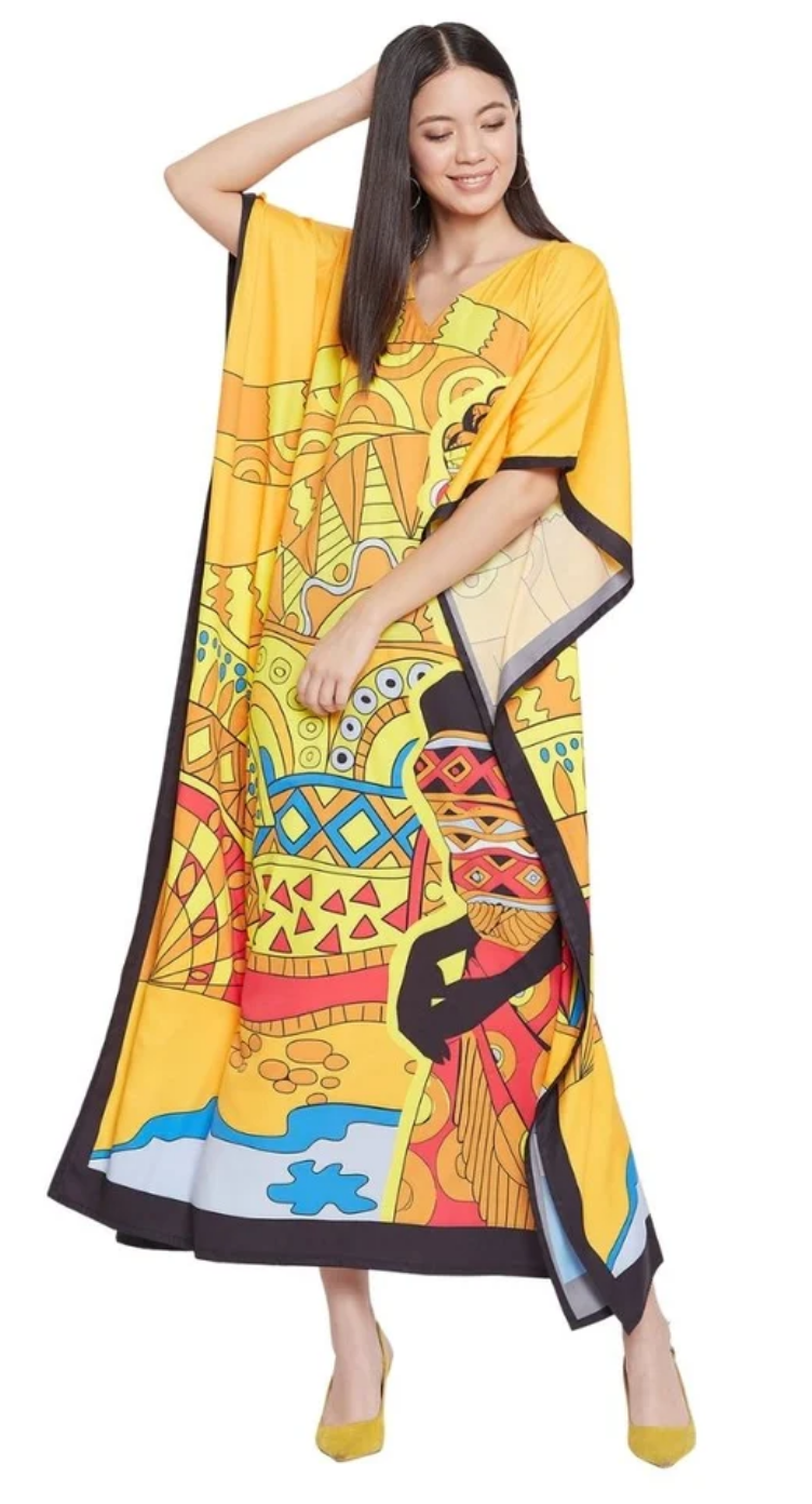 Yellow Abstract Art Polyester Plus Size Kaftan for Women 1X-3X | GypsieBlu
