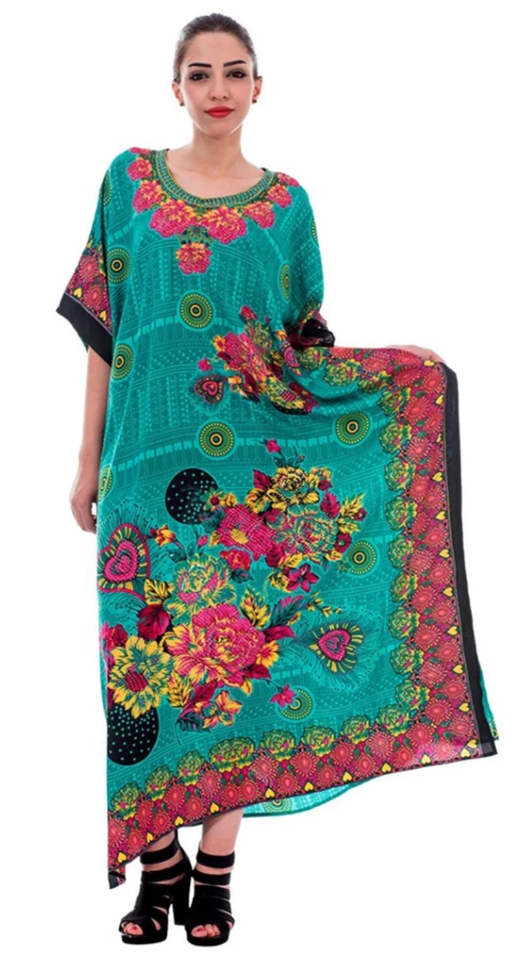 Green Floral Bouquet Polyester Plus Size Kaftan for Women 1X-3X | GypsieBlu
