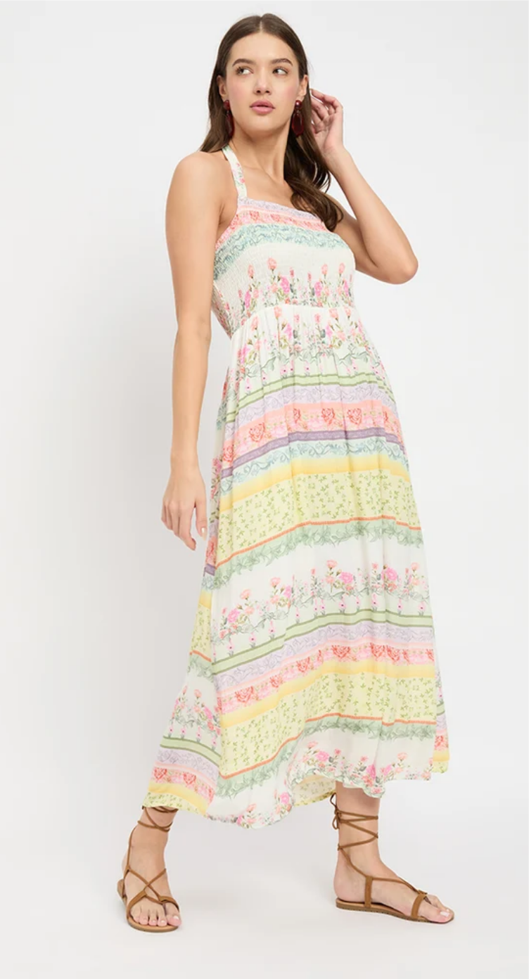 White Floral Rayon Dress for Women S-XL Sleeveless Halter Neck | GypsieBlu