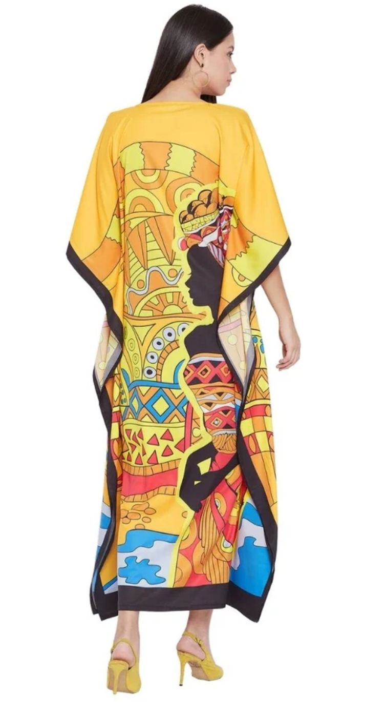 Yellow Abstract Art Polyester Plus Size Kaftan for Women 1X-3X | GypsieBlu
