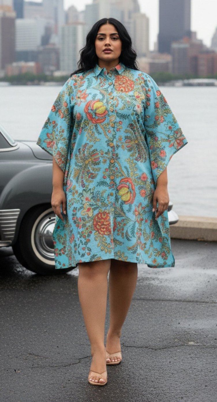 Floral Printed Sky Blue Cotton Front Button Tunic For Plus Size Women