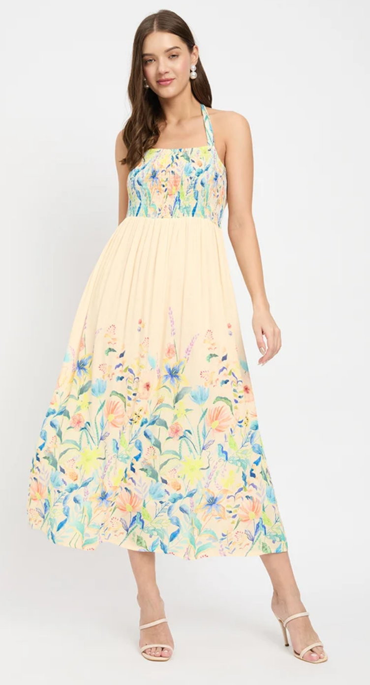 Cream Floral Rayon Midi Dress for Women S-XL | GypsieBlu