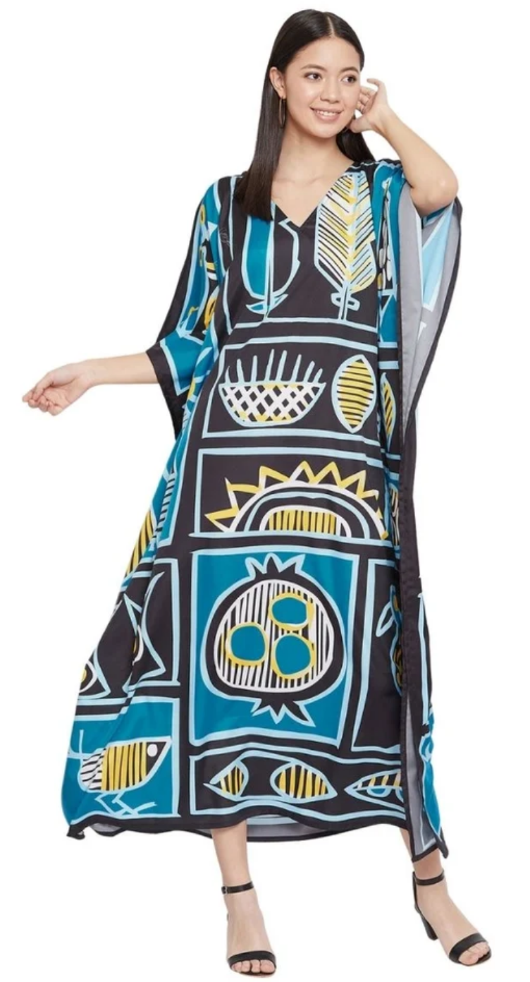 Black Abstract Tribal Art Polyester Plus Size Kaftan for Women 1X-3X | GypsieBlu