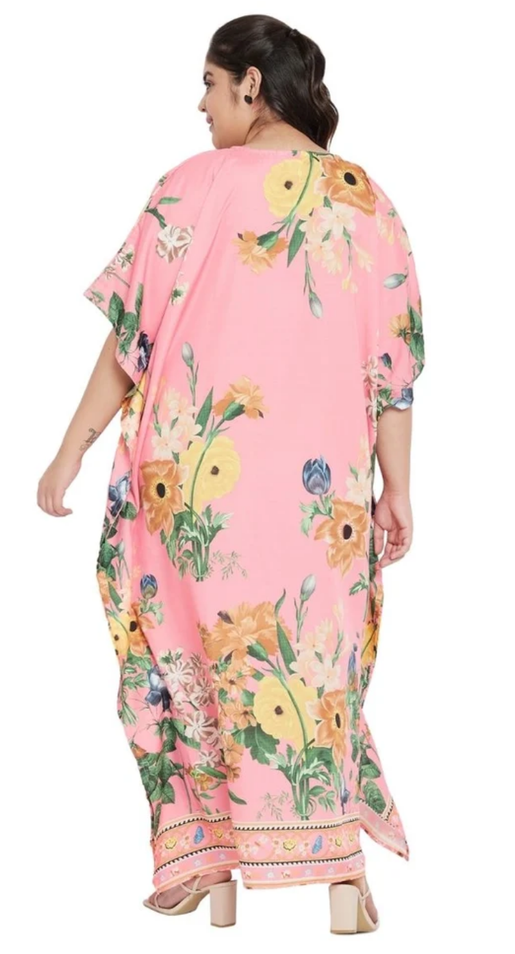 Pink Wildflower Bouquet Polyester Plus Size Kaftan for Women 1X-3X | GypsieBlu