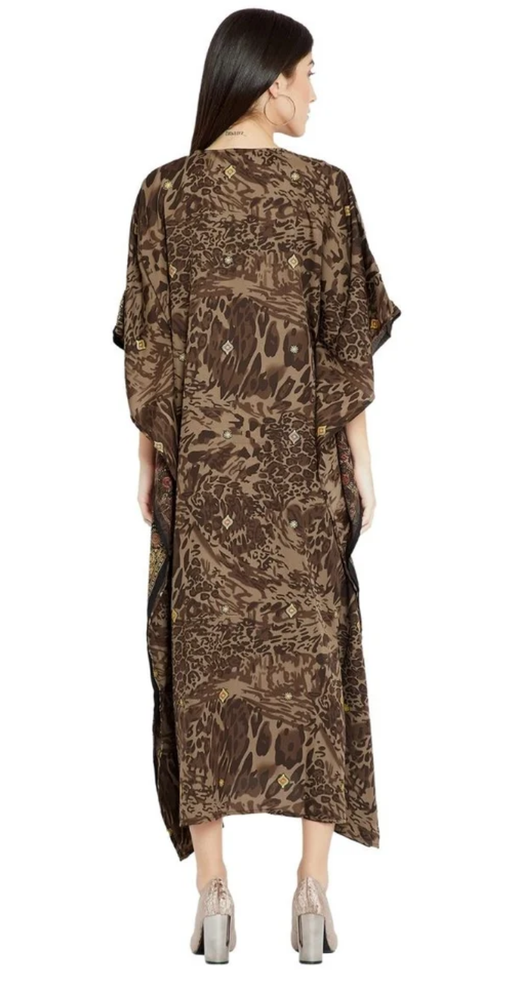 Brown Leopard Medallion Polyester Plus Size Kaftan for Women 1X-3X | GypsieBlu