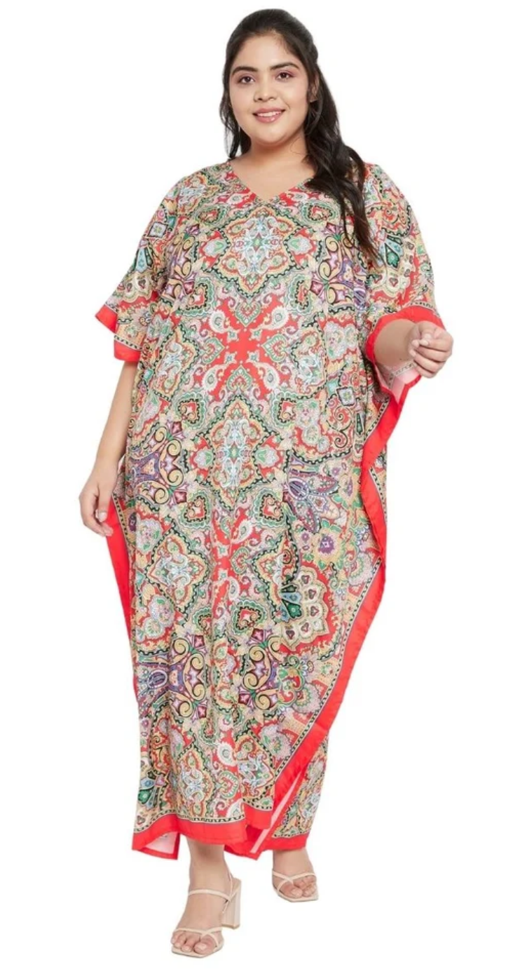 Multicolor Trim Paisley Polyester Plus Size Kaftan for Women 1X-3X | GypsieBlu