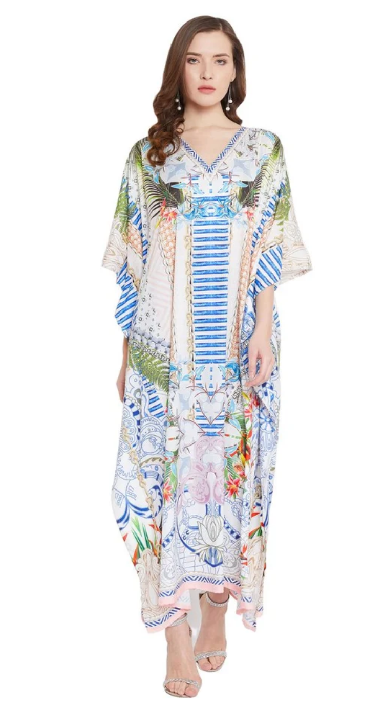Multicolor Mediterranean-Tile Floral Polyester Plus Size Kaftan Dress for Women 1X-3X | GypsieBlu