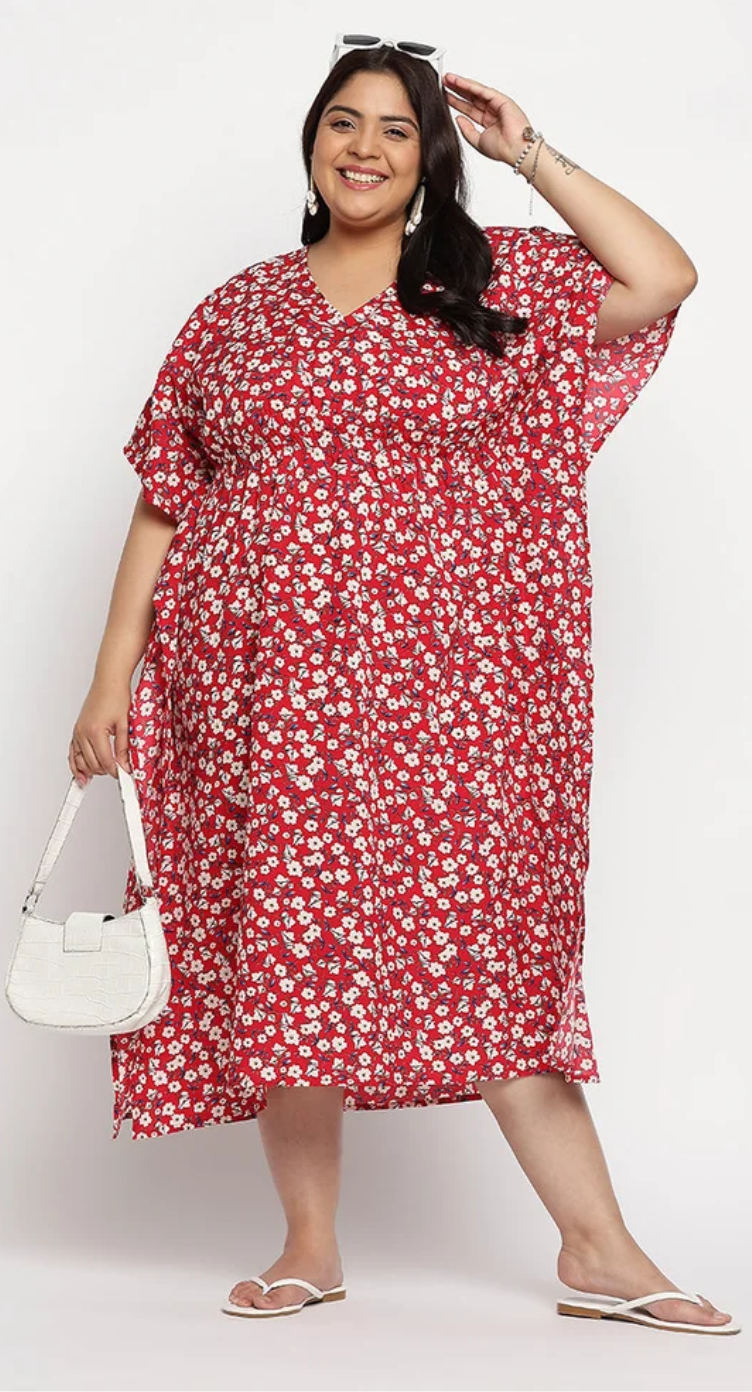 Red Ditsy Floral Polyester Kaftan for Women S-XL | GypsieBlu
