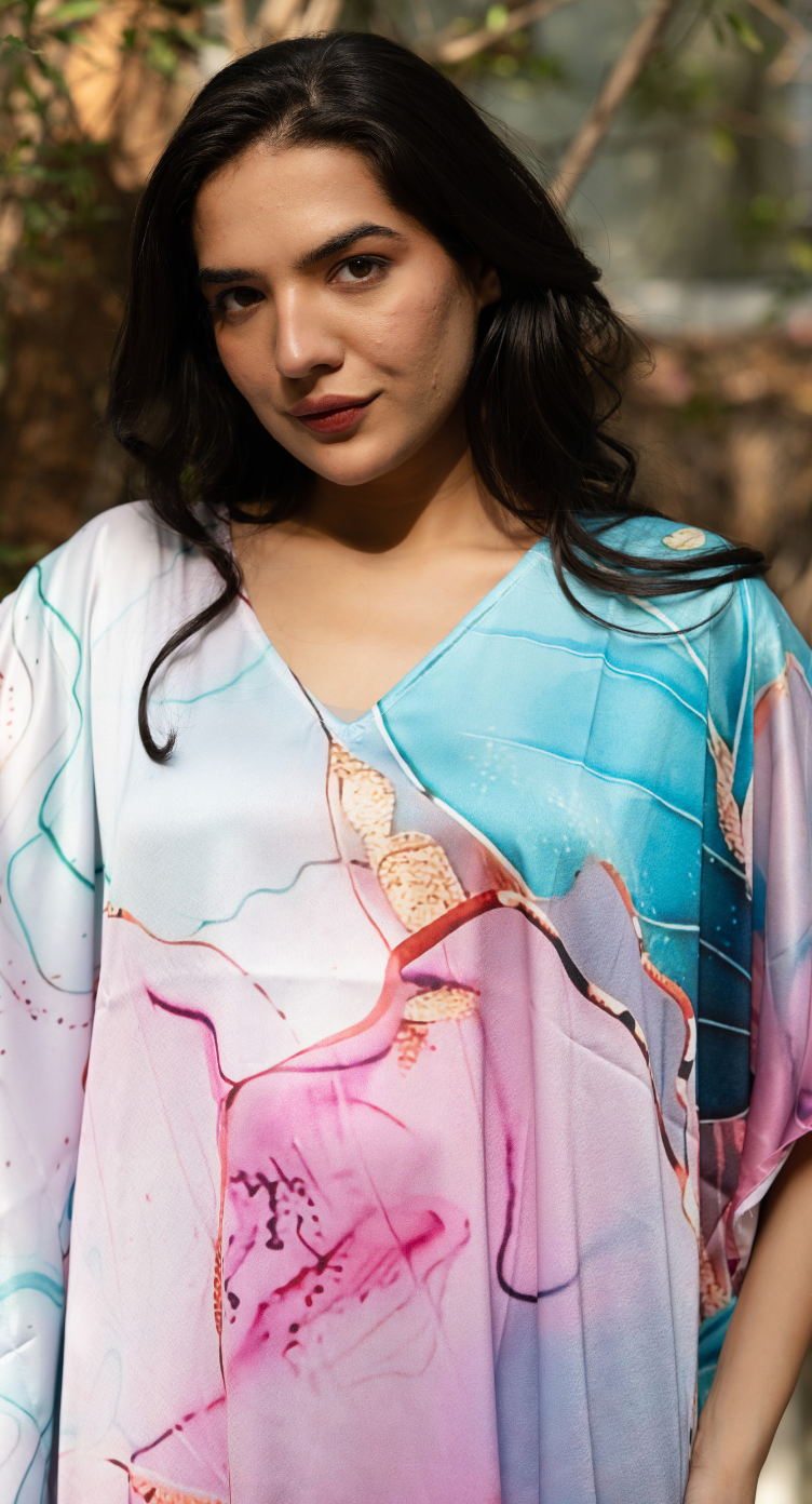Floral Pastel Lavender Satin Silk Women Plus Size Caftan Dress