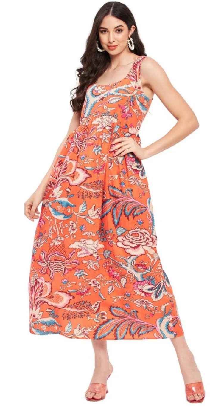 Orange Floral Cotton Maxi Dress for Women S-XL | GypsieBlu
