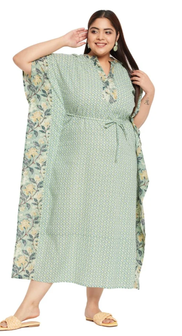 GypsieBlu Green Floral Plus Size Cotton Kaftan Dress for Women 3/4 Sleeve 1X-3X