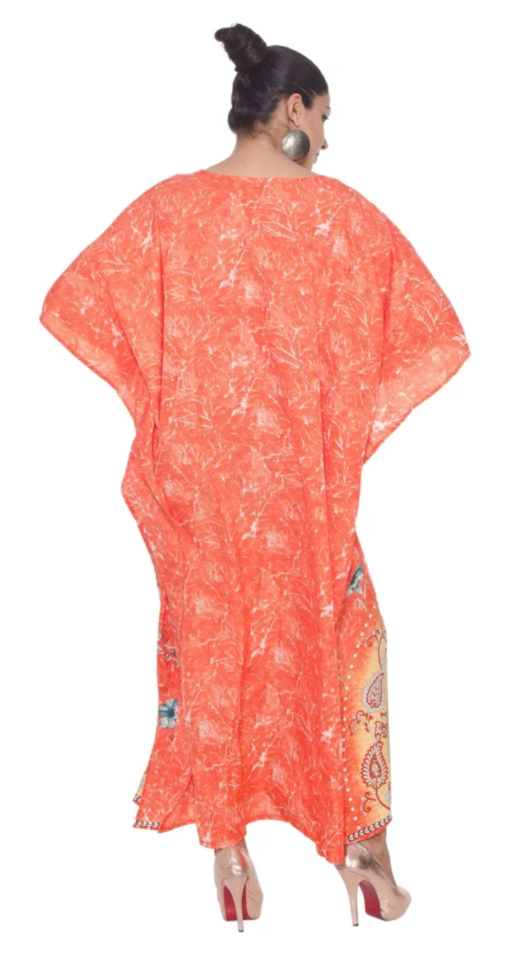 GypsieBlu Orange & Multicolor Polyester Plus Size Kaftan for Women Kimono Sleeve 1X-3X - Floral Paisley Peacock Medallion Print
