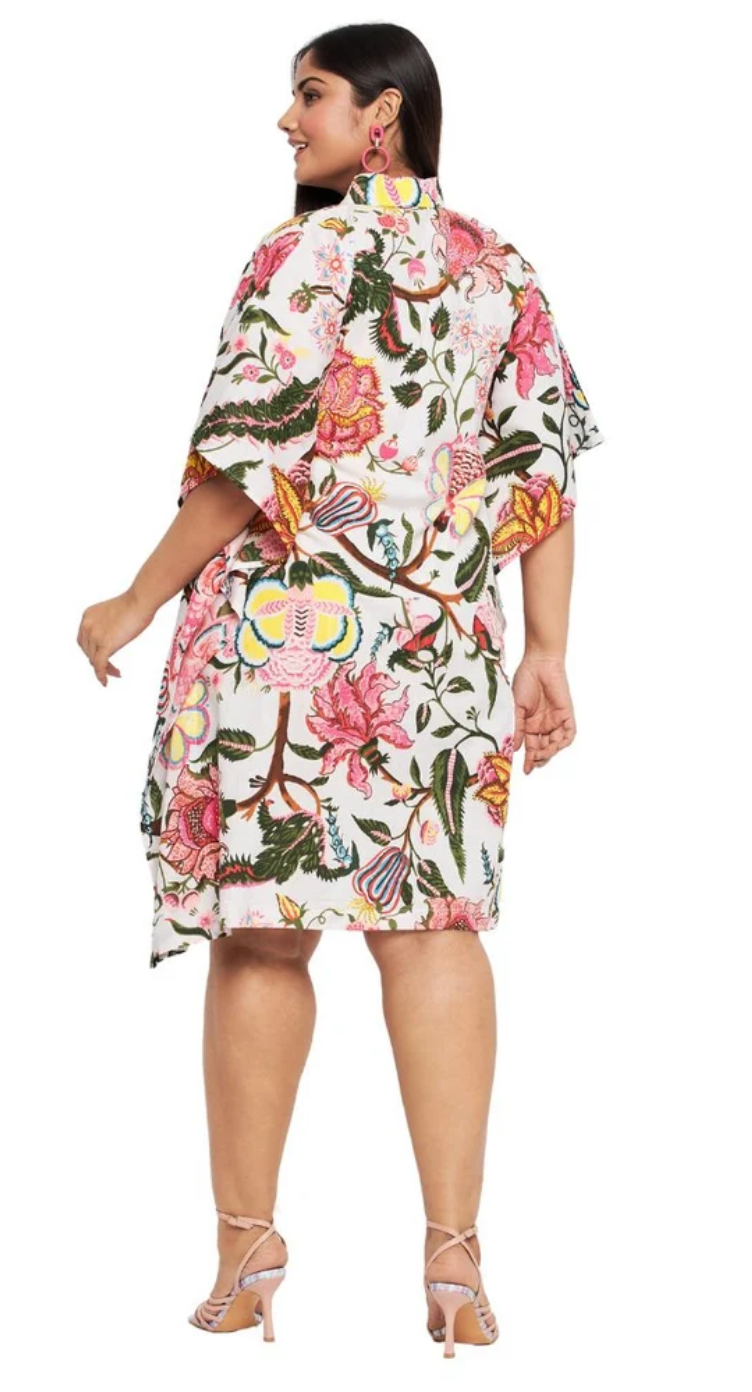 White Floral Cotton Plus Size Tunic for Women 1X-3X 3/4 Sleeve - Pink Tropical Butterfly Print | GypsieBlu