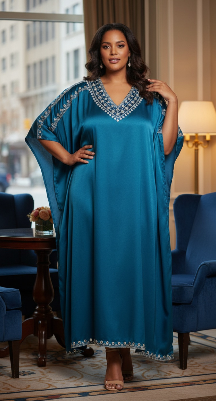 Corsair Blue With Embroidery Lace Satin Katan For Plus Size Women