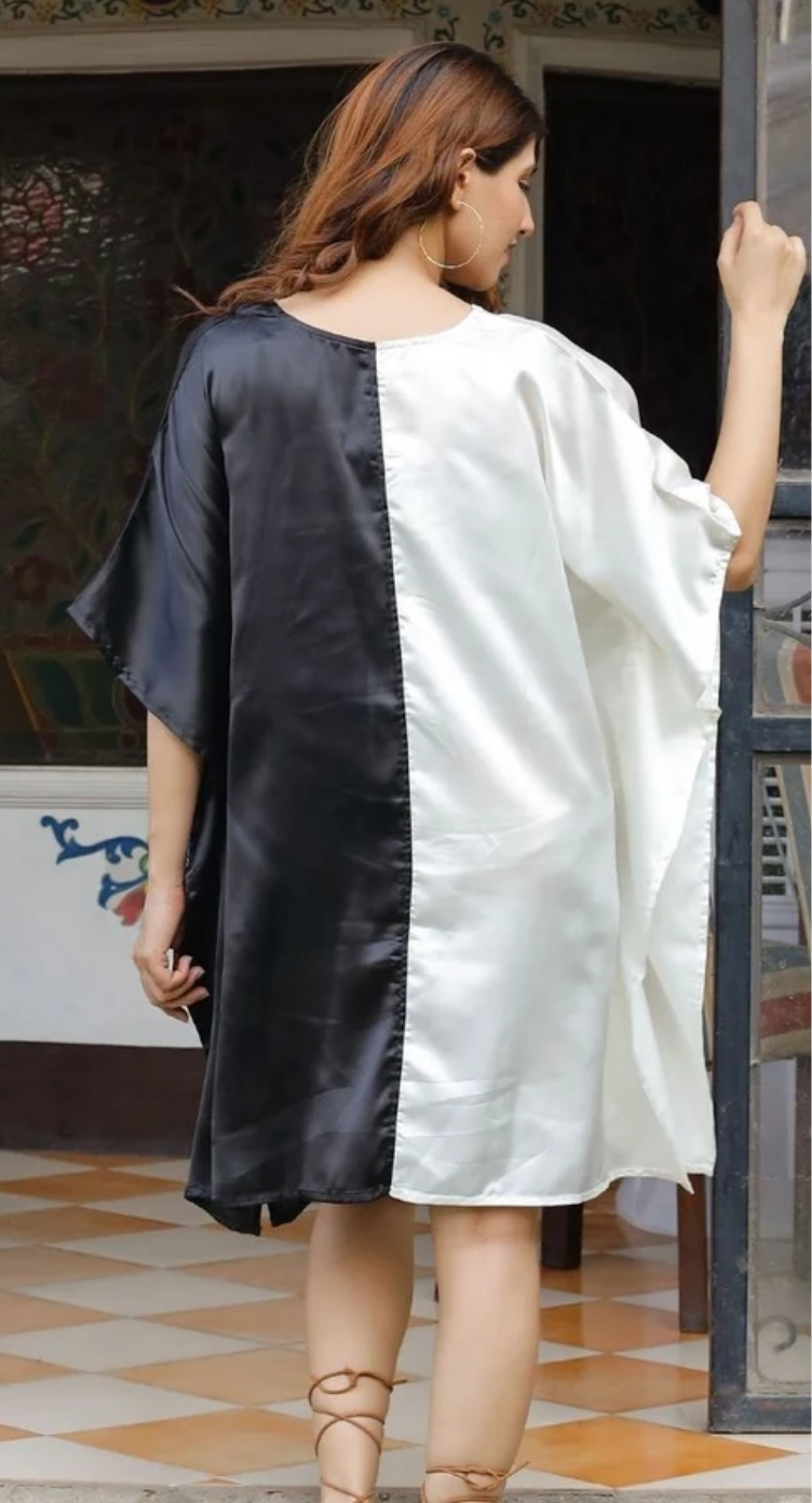 White & Black Colorblock Satin Plus Size Tunic for Women 1X-3X 3/4 Sleeve V Neck | GypsieBlu