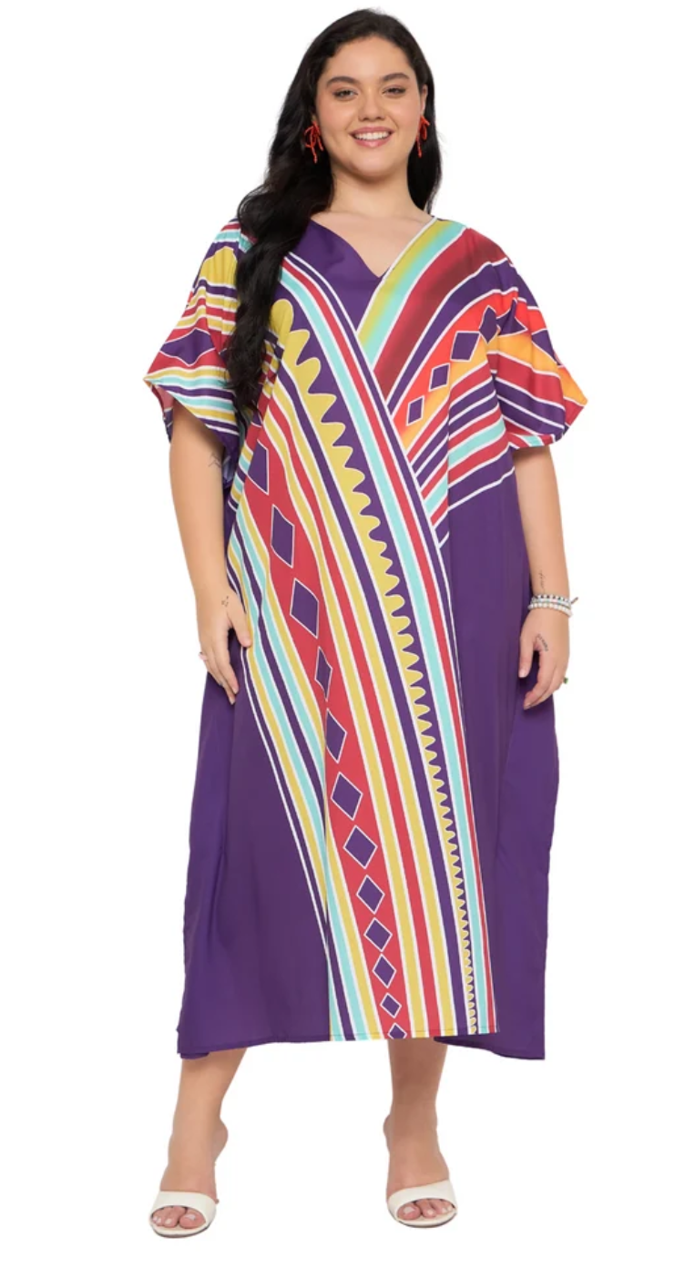 Purple Diagonal Tribal Polyester Plus Size Kaftan for Women 1X-3X | GypsieBlu
