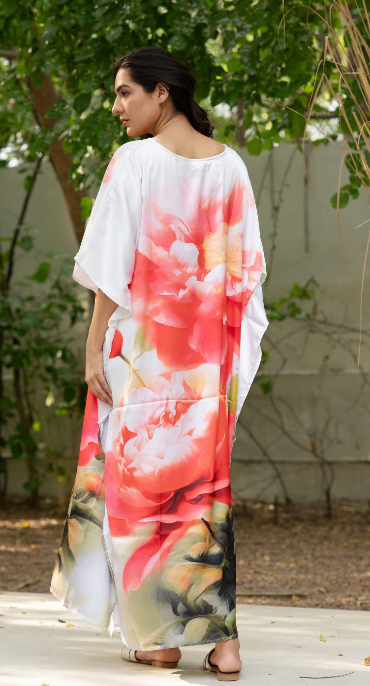Floral White Satin Silk Women Plus Size Caftan Loungewear Dress