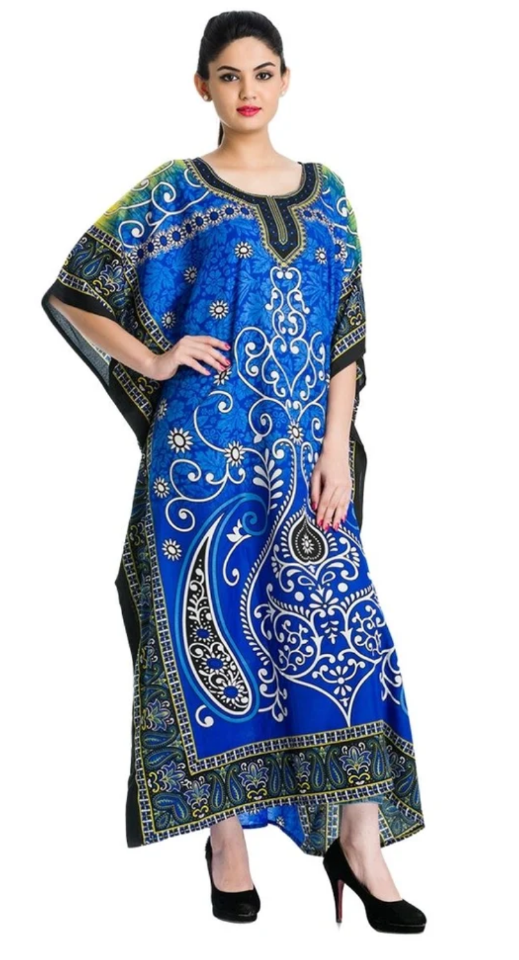 Blue Scroll Paisley Medallion Polyester Plus Size Kaftan for Women 1X-3X | GypsieBlu