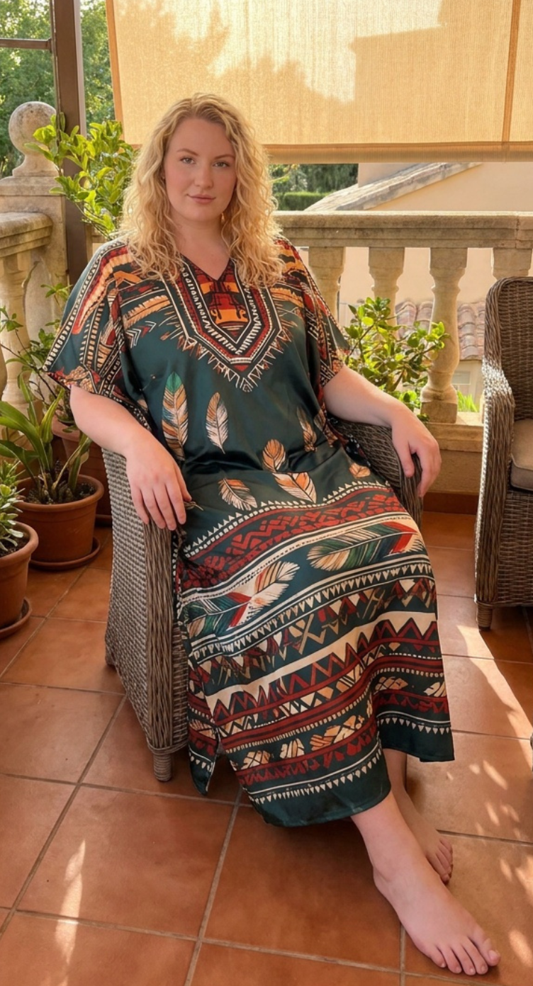 Deep Teal Tribal Satin Women Plus Size Kaftan Cruise Dress