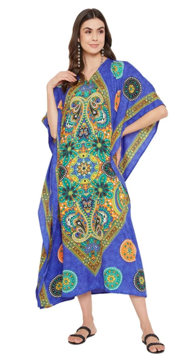 Blue Medallion Mandala Polyester Plus Size Kaftan for Women 1X-3X | GypsieBlu