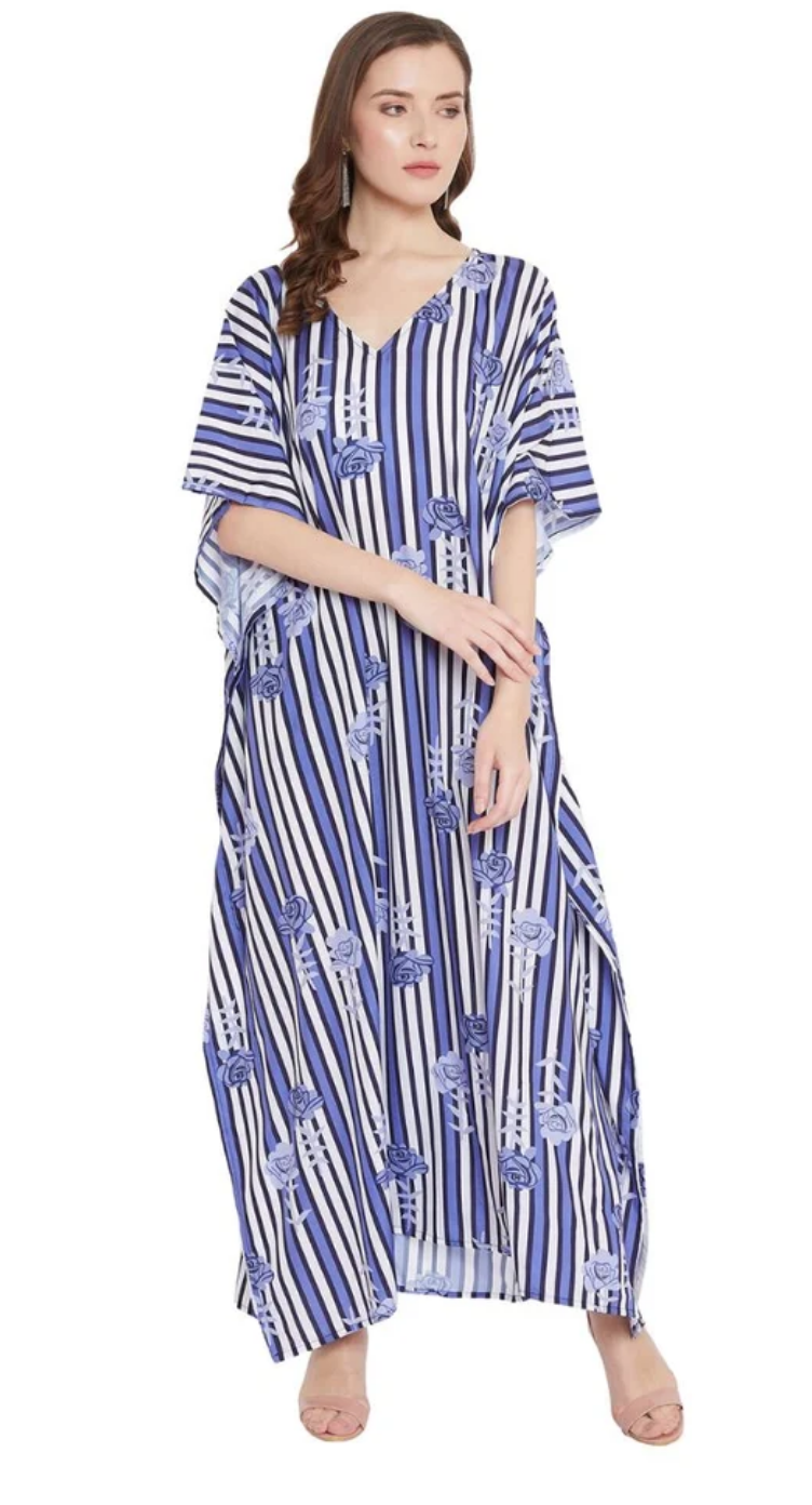 Blue Stripe Floral Polyester Plus Size Kaftan for Women 1X-3X | GypsieBlu