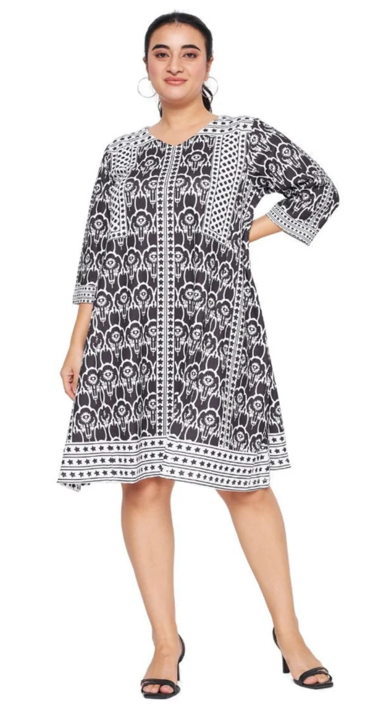 Black & White Floral Polyester Plus Size Dress for Women 1X-3X 3/4 Sleeve | GypsieBlu