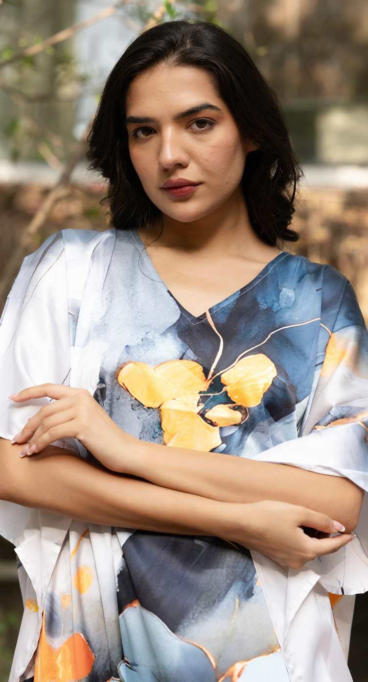 Floral Light Grey Satin Silk Women Plus Size Kaftan Beach Dress
