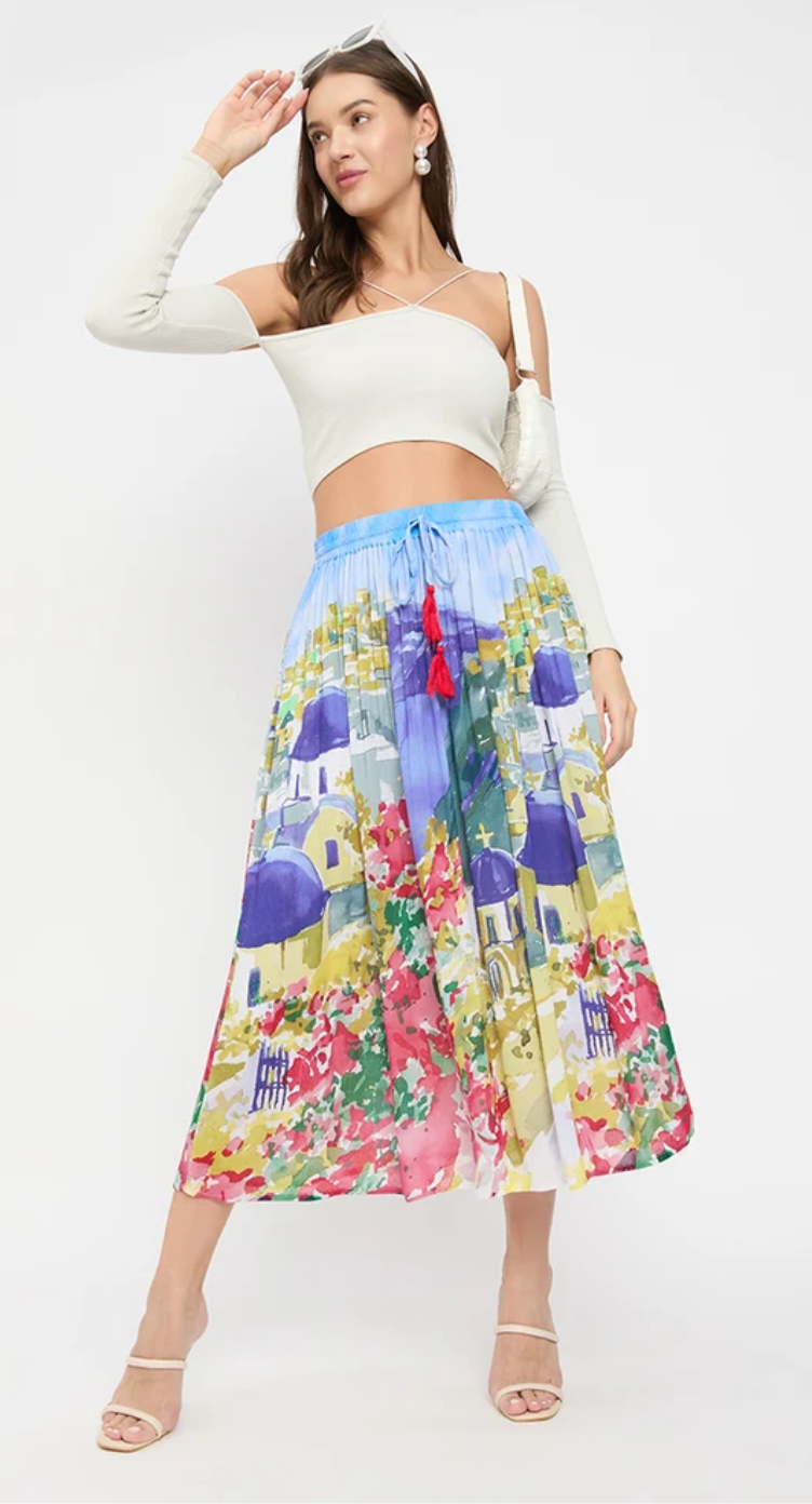 Blue Multicolor Coastal Village Rayon Skirt for Women S-XL | GypsieBlu