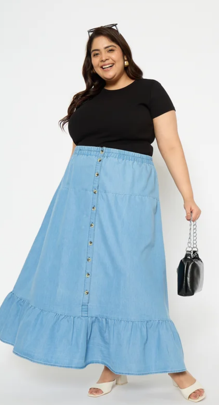 Light Sky Blue Denim Plus Size Skirt for Women 1X-3X | GypsieBlu
