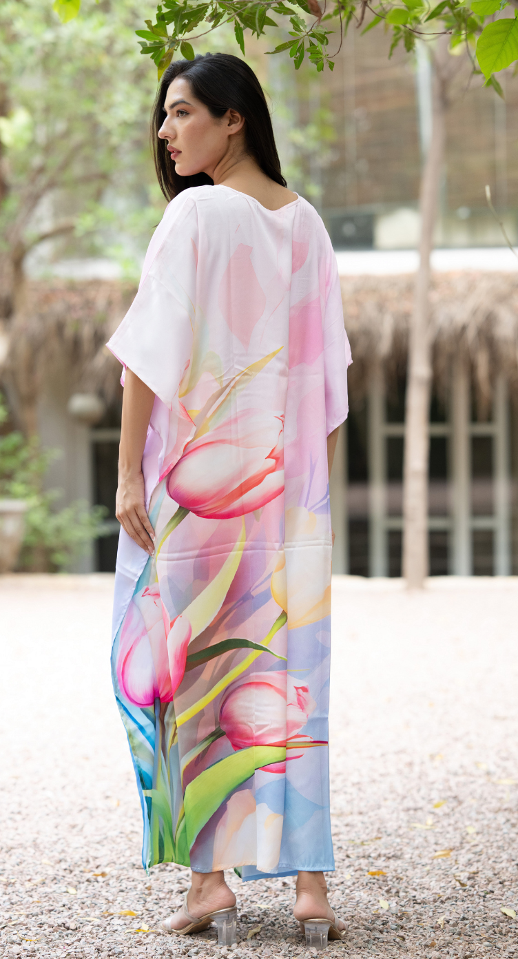Floral Pastel Satin Silk Women Plus Size Kaftan Resort Dress
