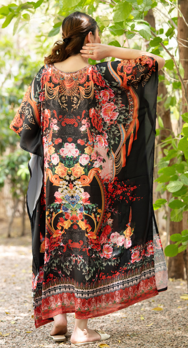 Black Floral Satin Women Plus Size Kaftan Beach Dress