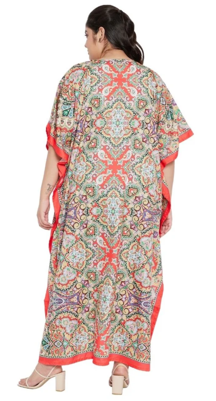 Multicolor Trim Paisley Polyester Plus Size Kaftan for Women 1X-3X | GypsieBlu