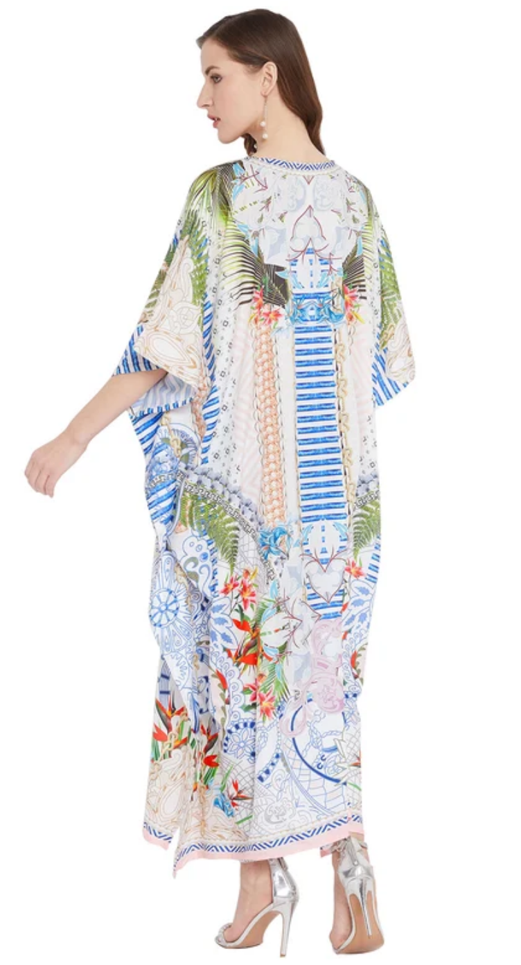 Multicolor Mediterranean-Tile Floral Polyester Plus Size Kaftan Dress for Women 1X-3X | GypsieBlu