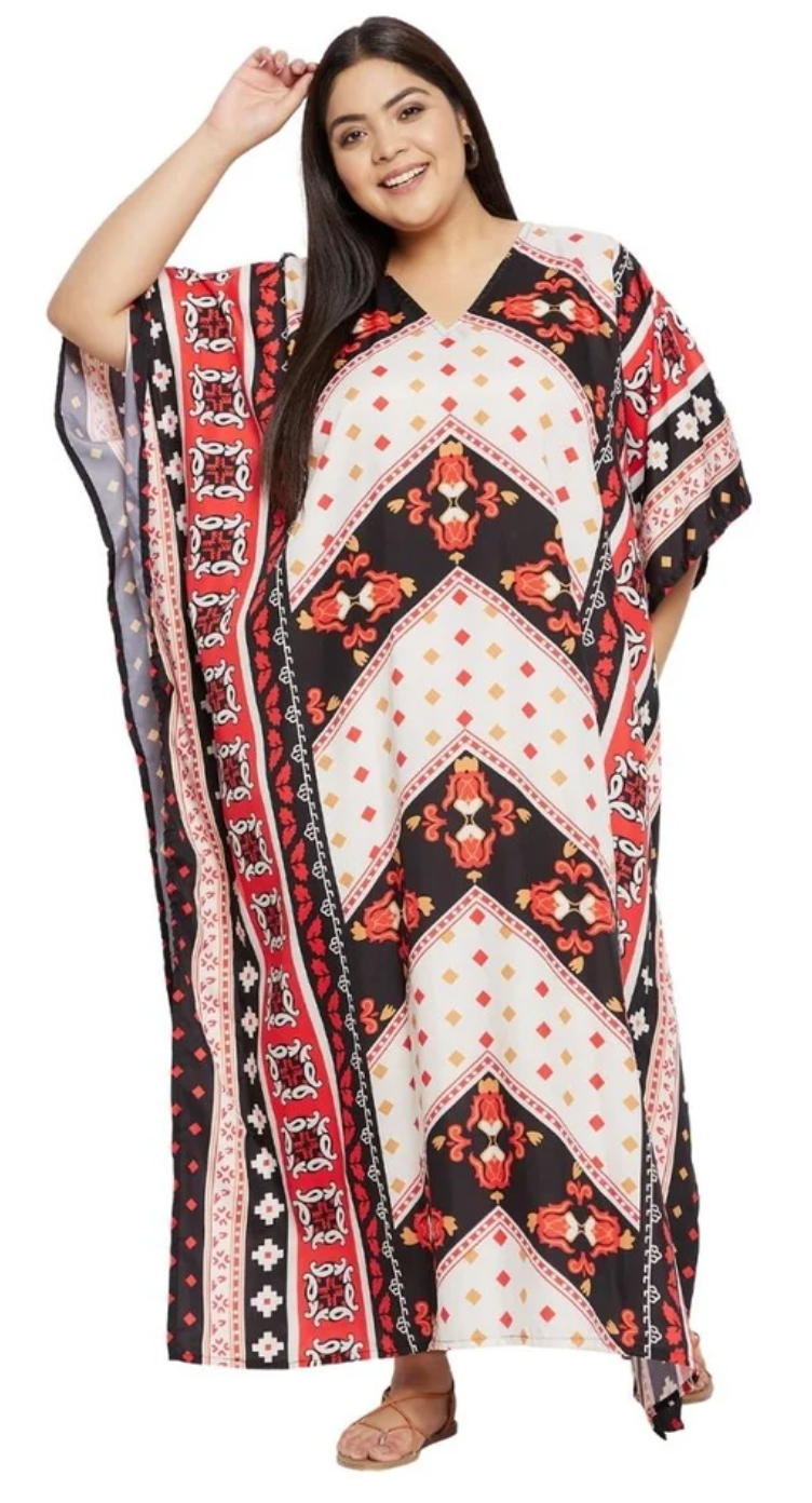 Red Ikat Chevron Polyester Plus Size Kaftan for Women 1X-3X | GypsieBlu