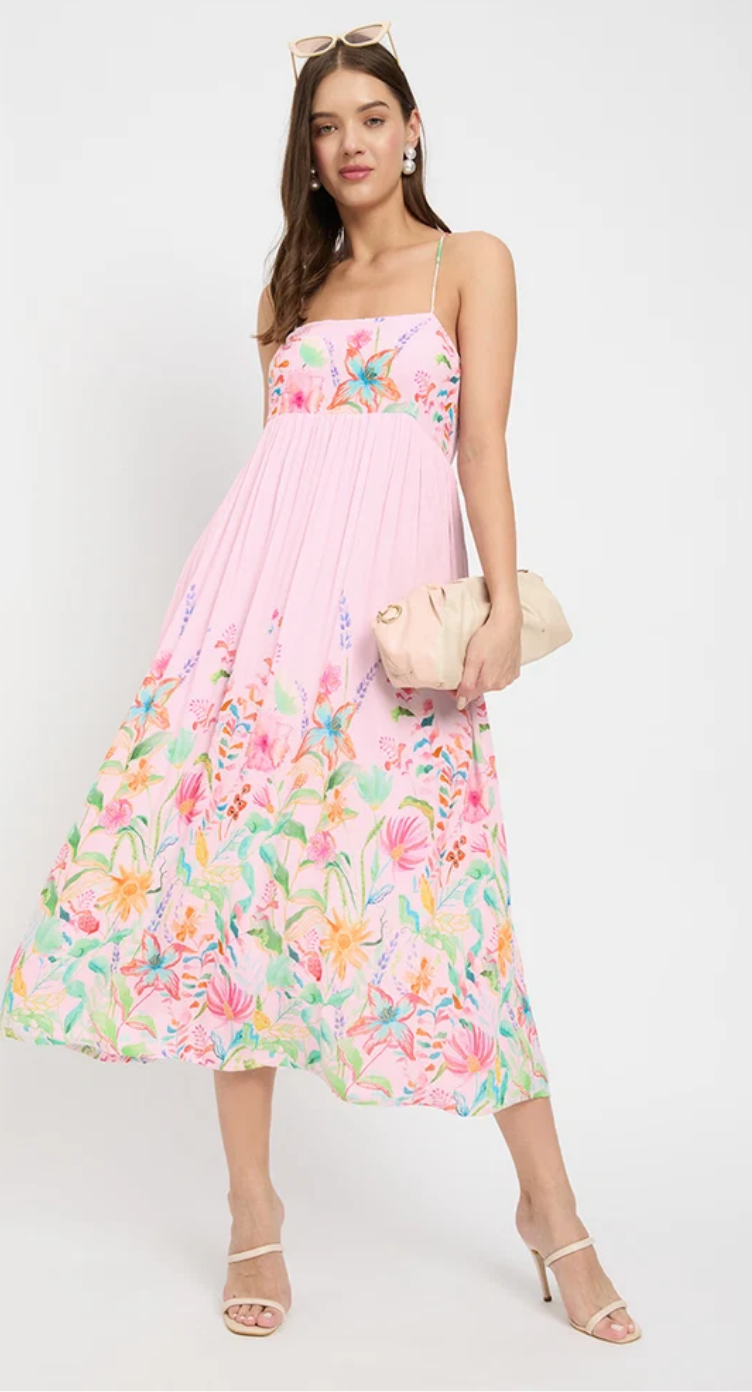 Pink Floral Rayon Midi Dress for Women S-XL Sleeveless | GypsieBlu