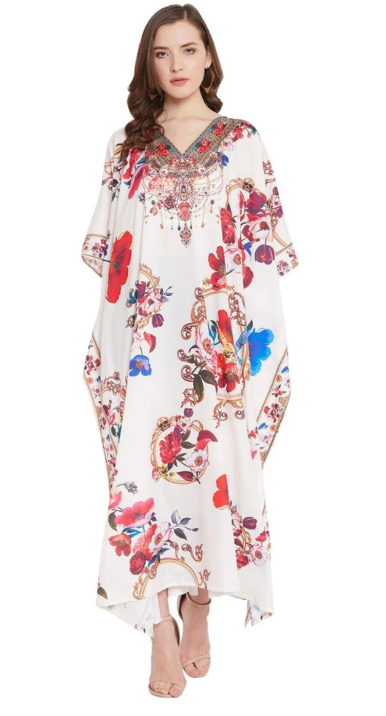 Multicolor Jeweled-Poppy Floral Polyester Plus Size Kaftan Dress for Women 1X-3X | GypsieBlu