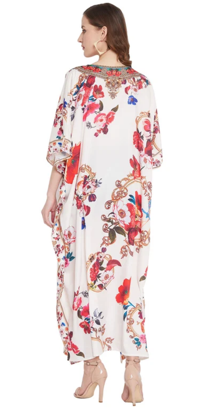 Multicolor Jeweled-Poppy Floral Polyester Plus Size Kaftan Dress for Women 1X-3X | GypsieBlu