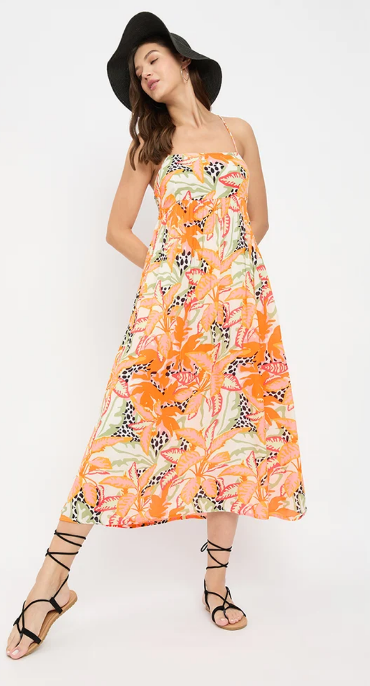 Orange Tropical Rayon Midi Dress for Women S-XL | GypsieBlu