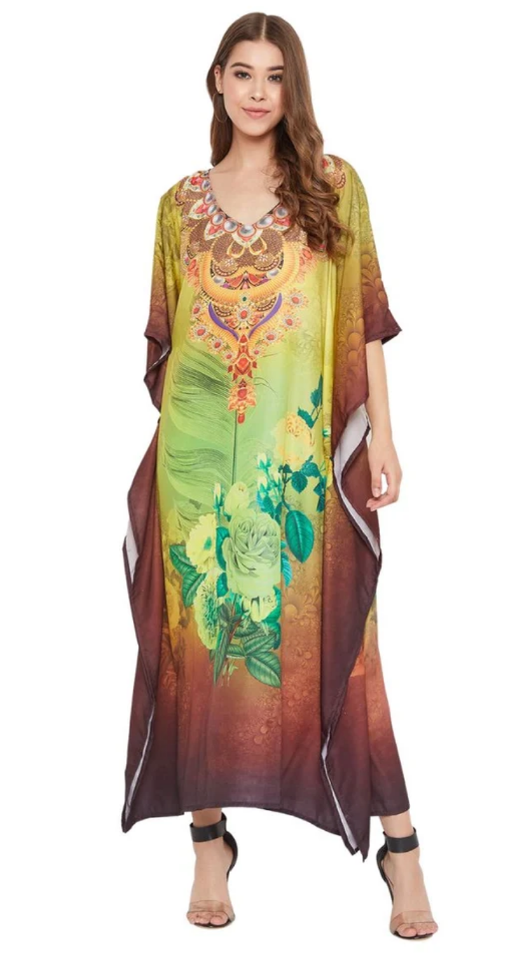 Brown Floral Polyester Plus Size Kaftan Dress for Women 1X-3X | GypsieBlu