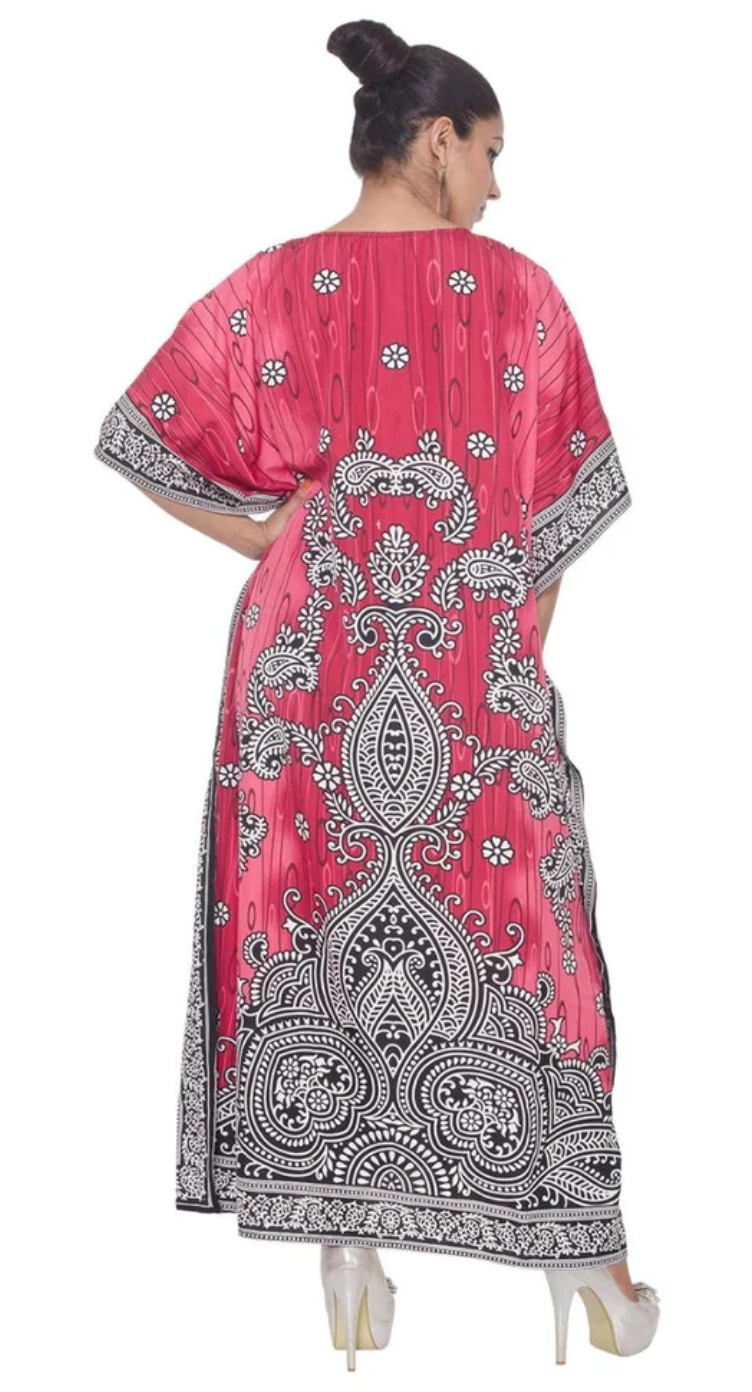 Hot Pink Paisley Damask Polyester Plus Size Kaftan for Women 1X-3X | GypsieBlu