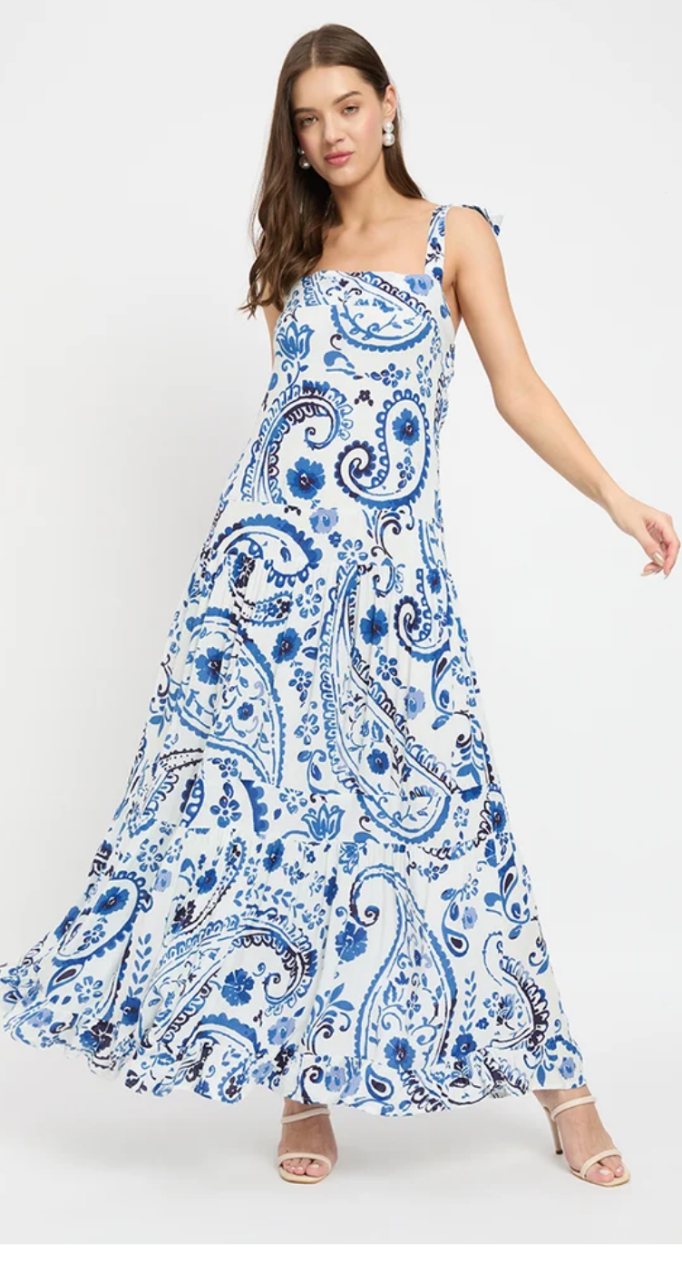 Blue & White Paisley Rayon Maxi Dress for Women S-XL | GypsieBlu