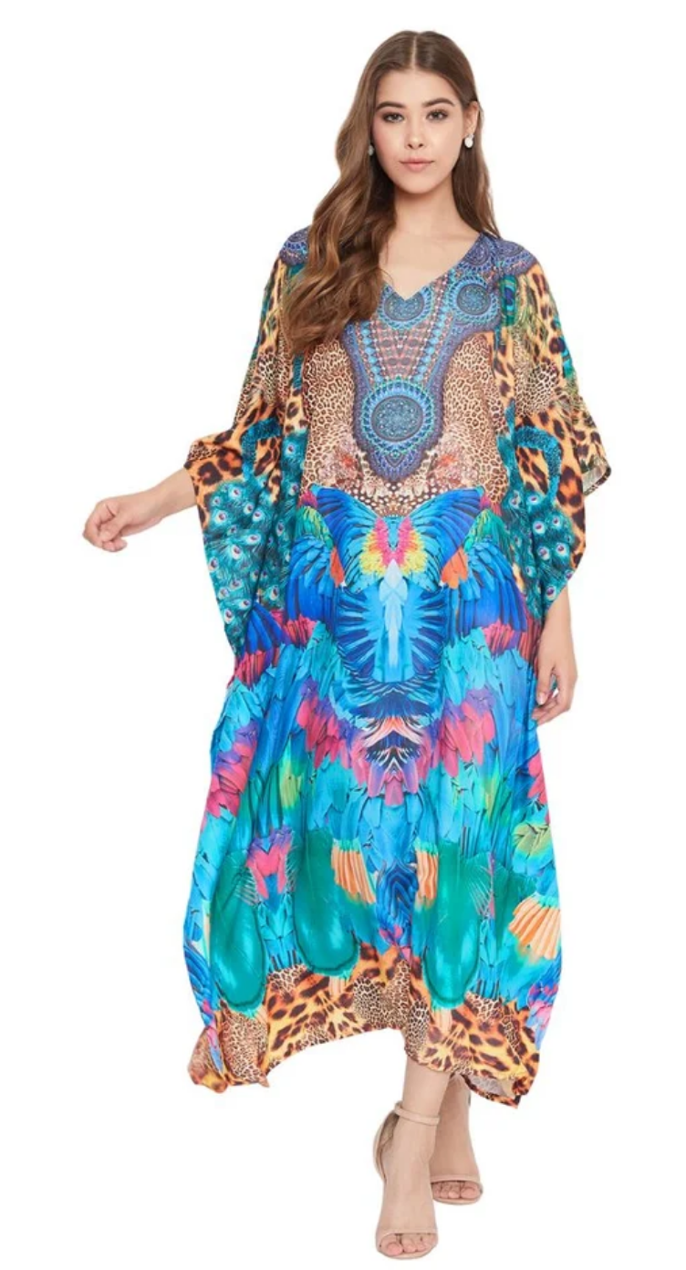 Multicolor Leopard Butterfly Polyester Plus Size Kaftan Dress for Women 1X-3X | GypsieBlu
