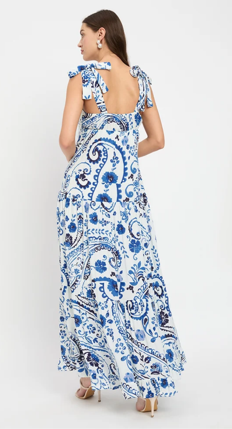 Blue & White Paisley Rayon Maxi Dress for Women S-XL | GypsieBlu