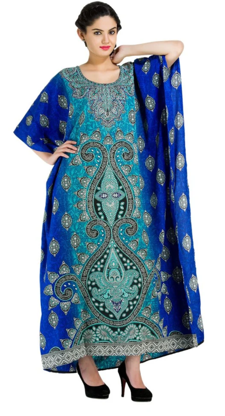 Blue & Teal Paisley Medallion Polyester Plus Size Kaftan for Women 1X-3X | GypsieBlu