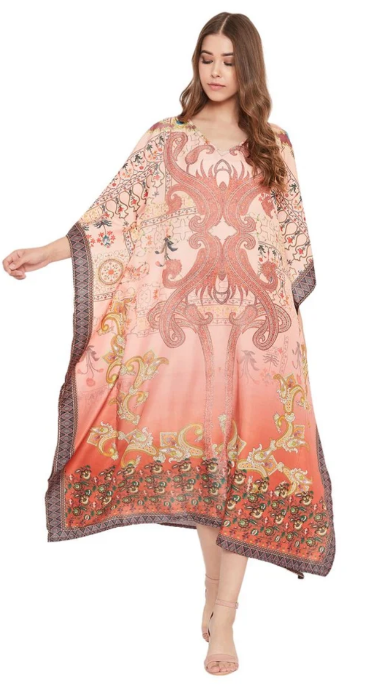 Orange Paisley Polyester Plus Size Kaftan Dress for Women 1X-3X | GypsieBlu