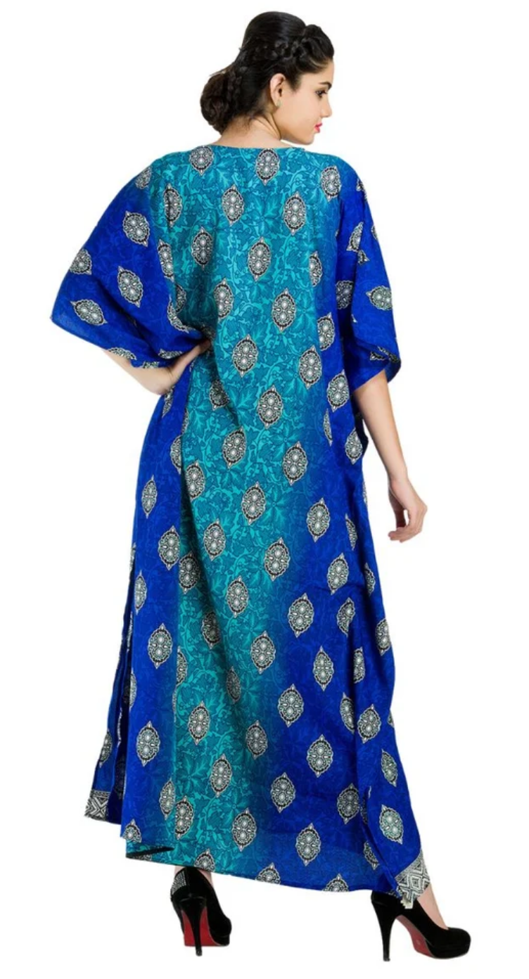 Blue & Teal Paisley Medallion Polyester Plus Size Kaftan for Women 1X-3X | GypsieBlu