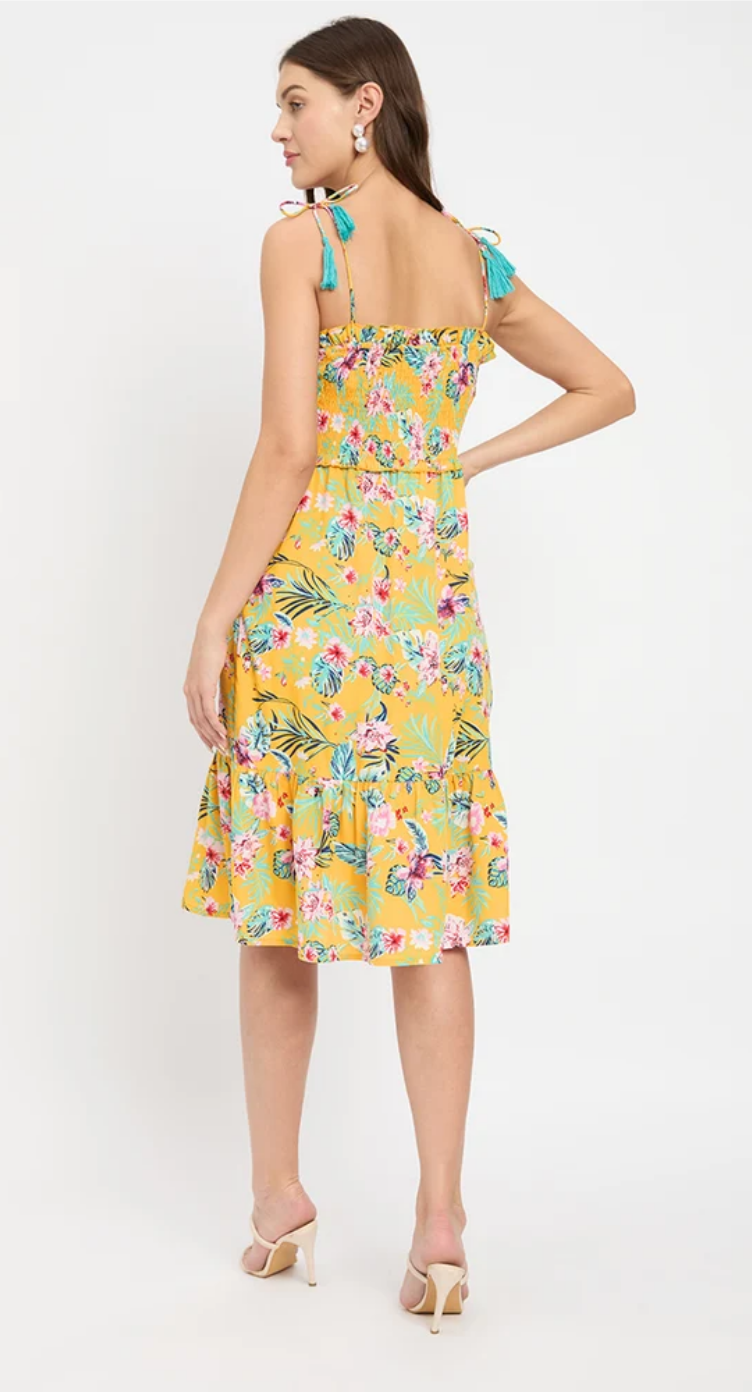 Yellow Floral Polyester Midi Dress for Women S-XL | GypsieBlu