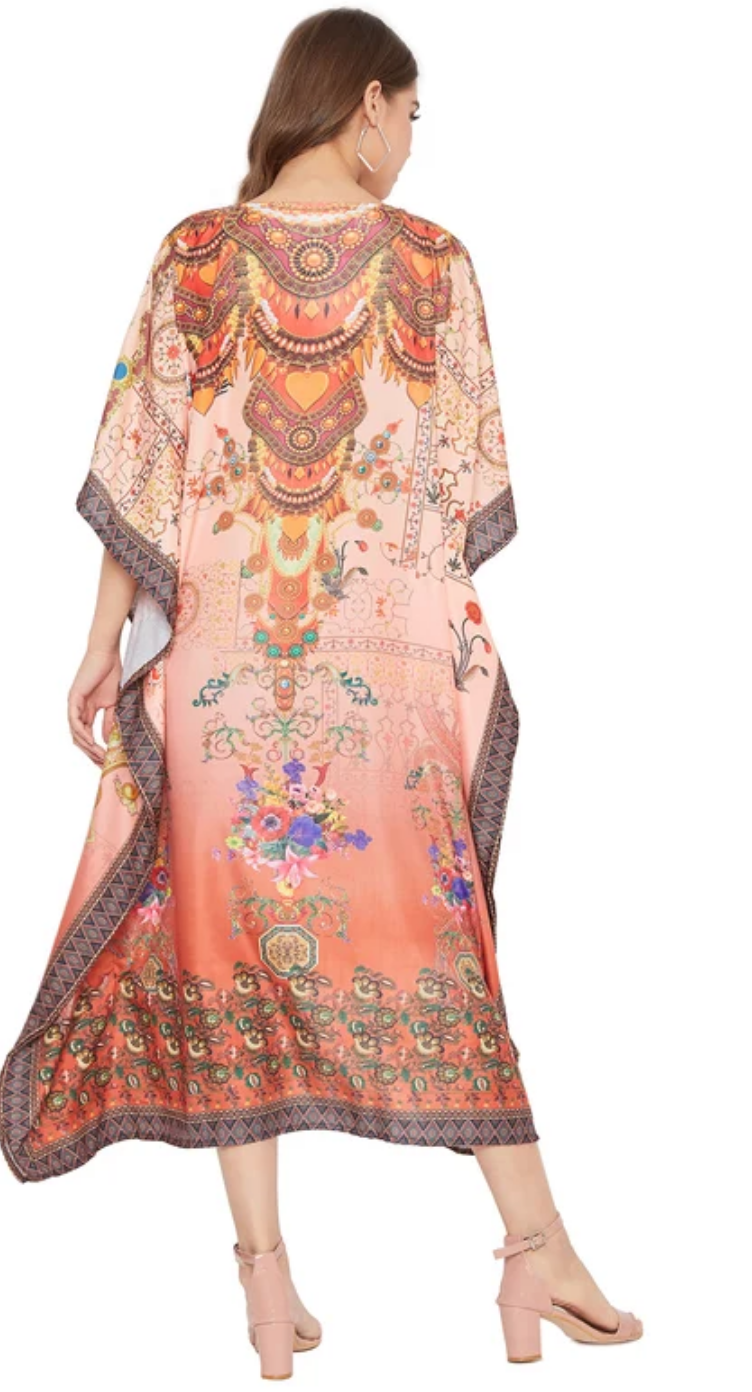 Orange Paisley Polyester Plus Size Kaftan Dress for Women 1X-3X | GypsieBlu