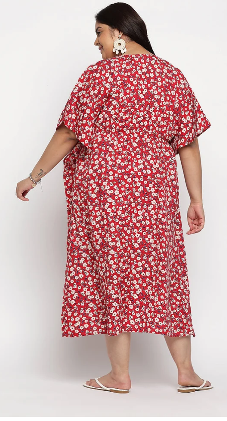 Red Ditsy Floral Polyester Kaftan for Women S-XL | GypsieBlu